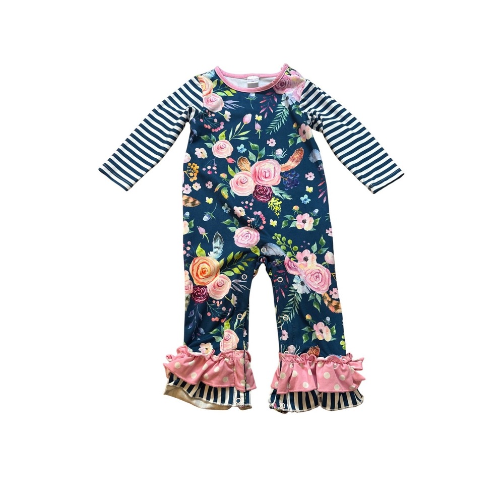 Penelope Plumm Romper Kids Blue Floral Striped Ruffle Snap SIZE 18M